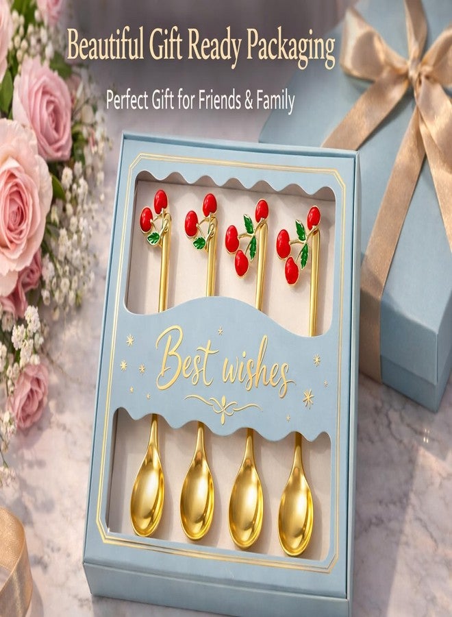 TeraaBliss 4PCS Premium Gold Plated Stainless Steel Spoon & Fork Set with Cute Fruit & Decorative Handles – Luxury Dessert Spoon Set with Gift Box for Kitchen, Kids & Gifting (Cherry) - Image 3