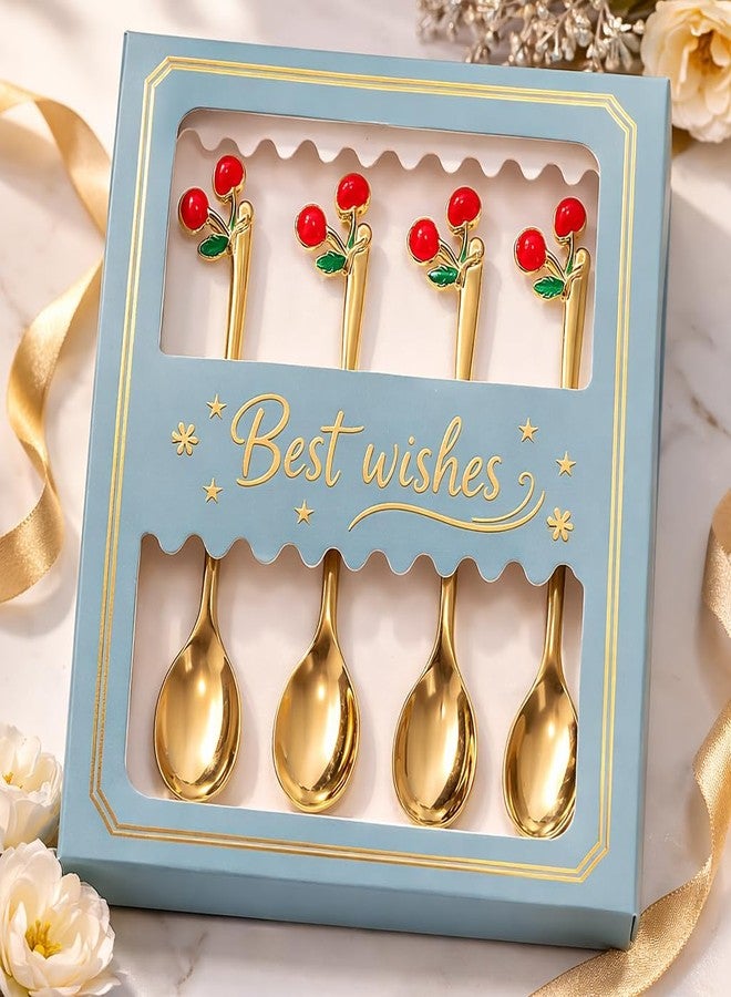 TeraaBliss 4PCS Premium Gold Plated Stainless Steel Spoon & Fork Set with Cute Fruit & Decorative Handles – Luxury Dessert Spoon Set with Gift Box for Kitchen, Kids & Gifting (Cherry) - Image 4