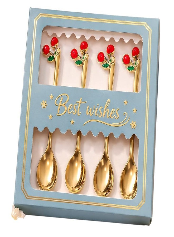 TeraaBliss 4PCS Premium Gold Plated Stainless Steel Spoon & Fork Set with Cute Fruit & Decorative Handles – Luxury Dessert Spoon Set with Gift Box for Kitchen, Kids & Gifting (Cherry) - Image 1