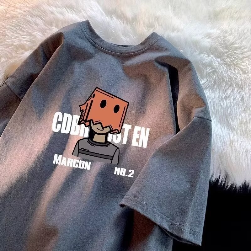 Short-Sleeved T-Shirt Men'S Trendy Brand Summer Loose Five-Point Sleeve Internet Trendy Ins Simple Printed Top - Image 1
