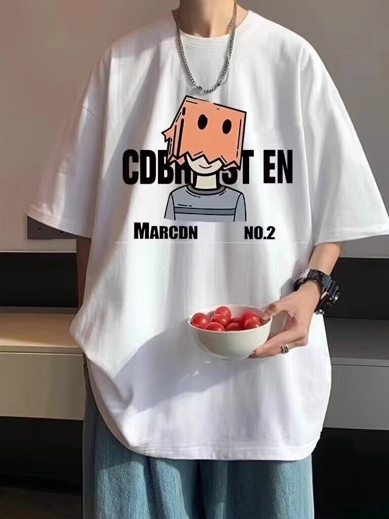 Short-Sleeved T-Shirt Men'S Trendy Brand Summer Loose Five-Point Sleeve Internet Trendy Ins Simple Printed Top - Image 2
