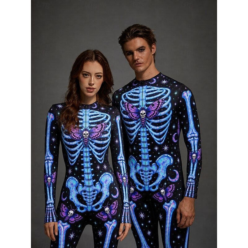 Bluejw Halloween Jumpsuit Costume Bodysuit Full Body Skeleton Printing Front Zipper Punk Gothic Rave Unisex Costume for Club Music Festival Party Halloween Carnival Kid's Adults' - Image 3