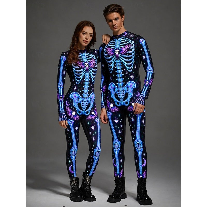 Bluejw Halloween Jumpsuit Costume Bodysuit Full Body Skeleton Printing Front Zipper Punk Gothic Rave Unisex Costume for Club Music Festival Party Halloween Carnival Kid's Adults' - Image 1