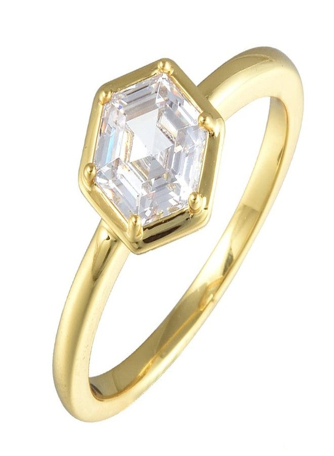 RIZILIA BEEHIVE Hexagon Solitaire Ring with Custom-Cut 1CT (6mm) Gemstone [White Cubic Zirconia] in 18K Yellow Gold Plated, Size 7 - Image 1
