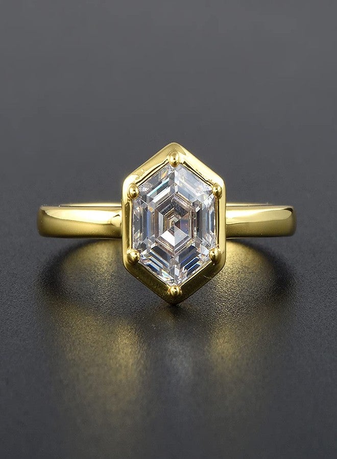 RIZILIA BEEHIVE Hexagon Solitaire Ring with Custom-Cut 1CT (6mm) Gemstone [White Cubic Zirconia] in 18K Yellow Gold Plated, Size 7 - Image 3