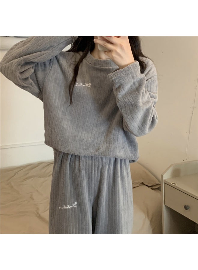 أطقم بيجامة نسائية شتوية بسماكة إضافية من فانيلا الساتان المريح، بأكمام طويلة، تصميم فضفاض، عصرية ومدفئة