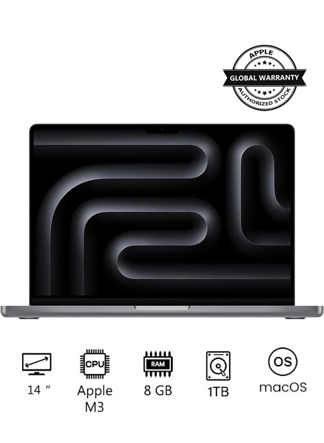 ابل  أحدث شريحة كمبيوتر محمول MacBook Pro MTL83 لعام 2023 M3 مع وحدة معالجة مركزية 8 نواة، ووحدة معالجة رسومات 10 نواة: شاشة Liquid Retina XDR مقاس 14.2 بوصة، وذاكرة موحدة سعة 8 جيجابايت، وتخزين SSD سعة 1 تيرابايت، وتعمل مع iPhone/iPad - Image 1