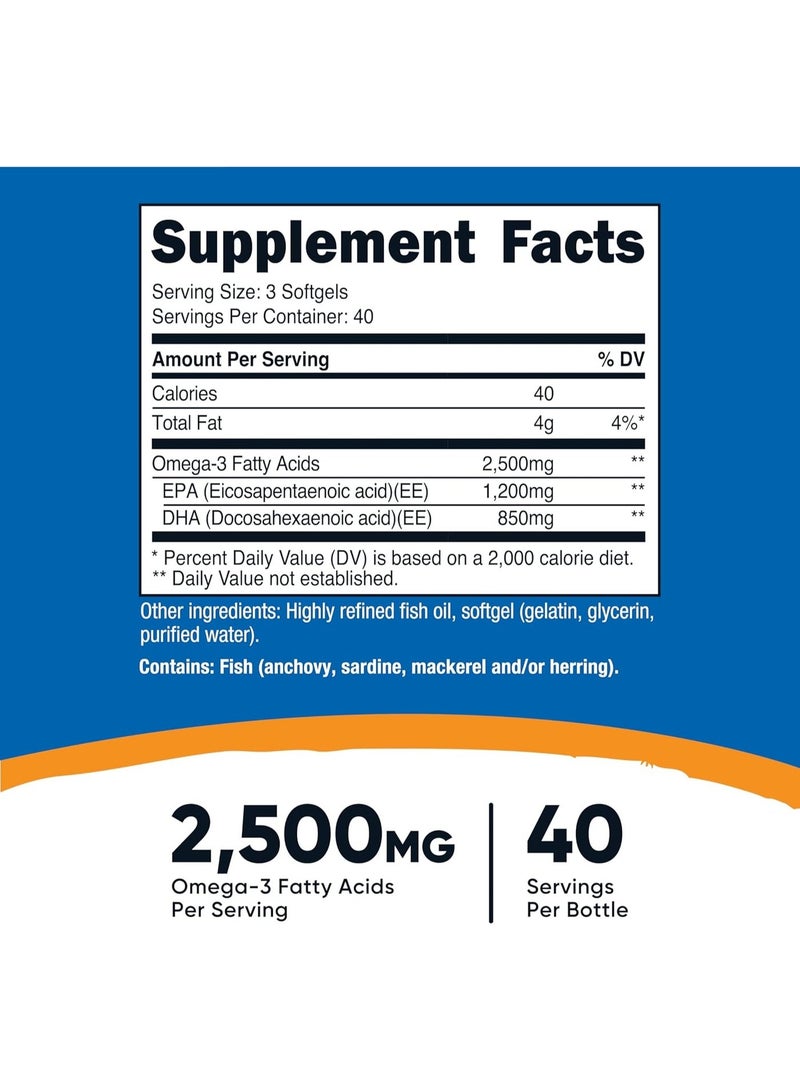 نيوتريكوست (Nutricost) أوميغا 3 من زيت السمك - 2500 ملغ، 120 كبسولة هلامية (40 حصة) - زيت سمك من مصادر برية! 1200 ملغ EPA و850 ملغ DHA - غير معدل وراثياً، خالٍ من الغلوتين (عبوتان) - Image 2