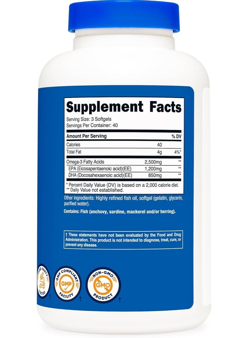 نيوتريكوست (Nutricost) أوميغا 3 من زيت السمك - 2500 ملغ، 120 كبسولة هلامية (40 حصة) - زيت سمك من مصادر برية! 1200 ملغ EPA و850 ملغ DHA - غير معدل وراثياً، خالٍ من الغلوتين (عبوتان) - Image 5