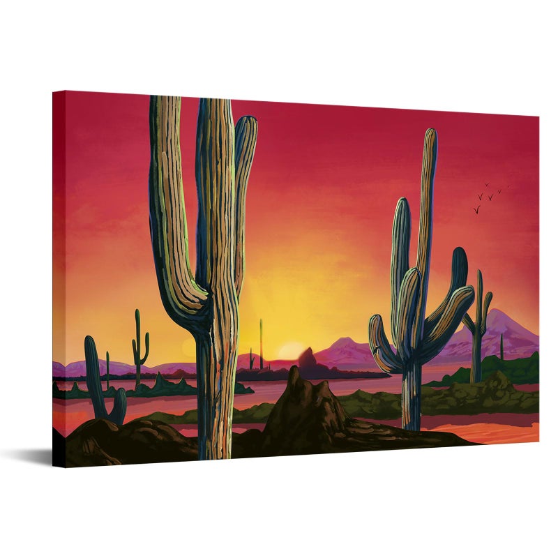 iHAPPYWALL Large Saguaros Landscape Canvas Wall Art Sunset Arizona Cactus Orange Background Sonoran Desert Picture for Home Bedroom Decor Ready to Hang 24x36inch