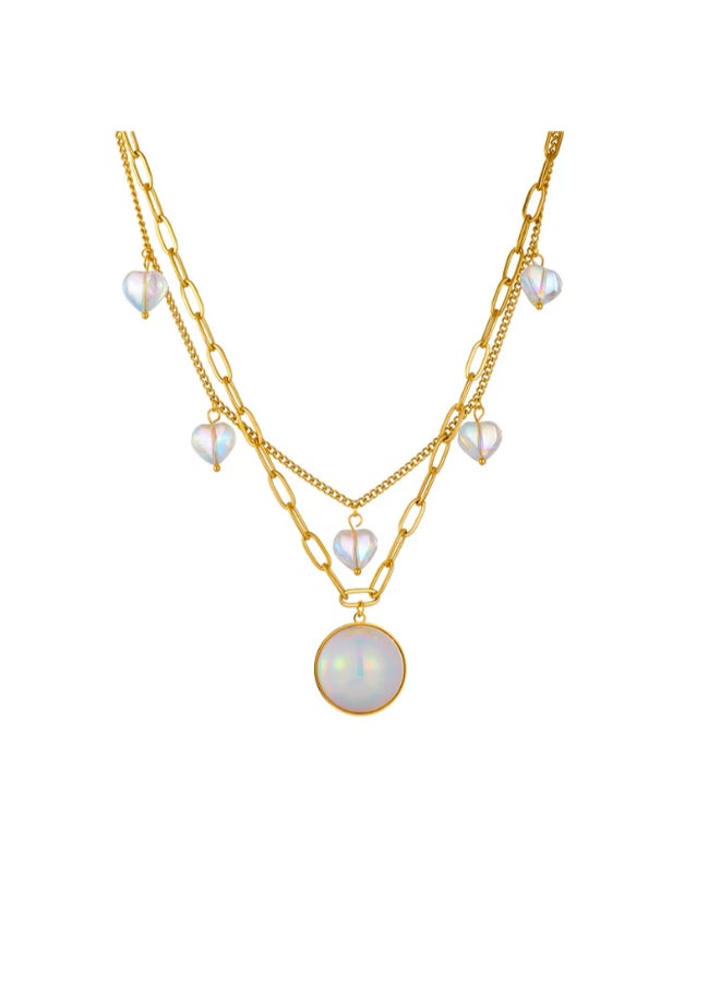 The Black Pearl Accessories 2 Layered Golden Stainless Steel Glowy White Clamshell Penant Necklace - Image 1