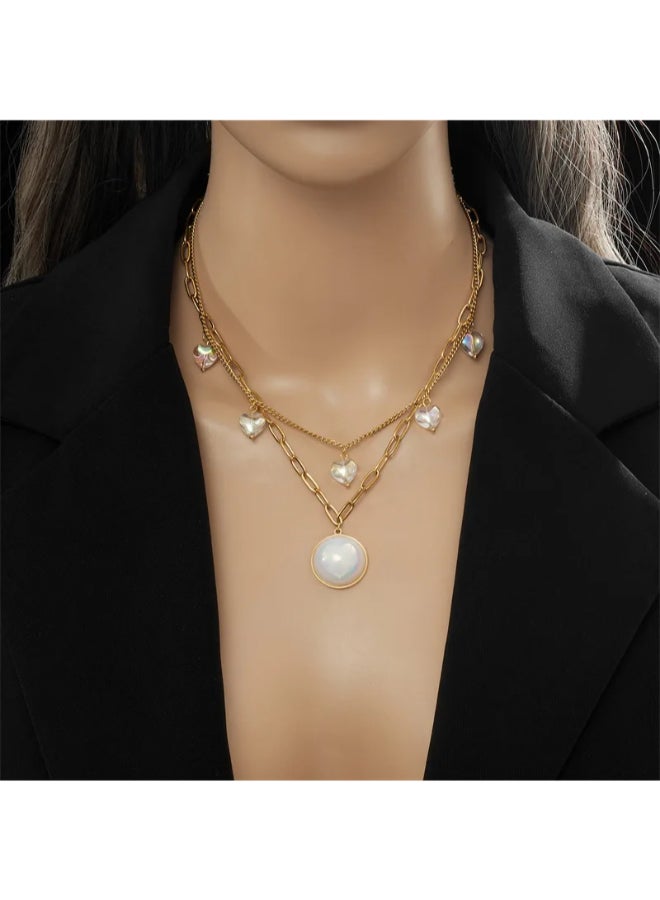 The Black Pearl Accessories 2 Layered Golden Stainless Steel Glowy White Clamshell Penant Necklace - Image 2
