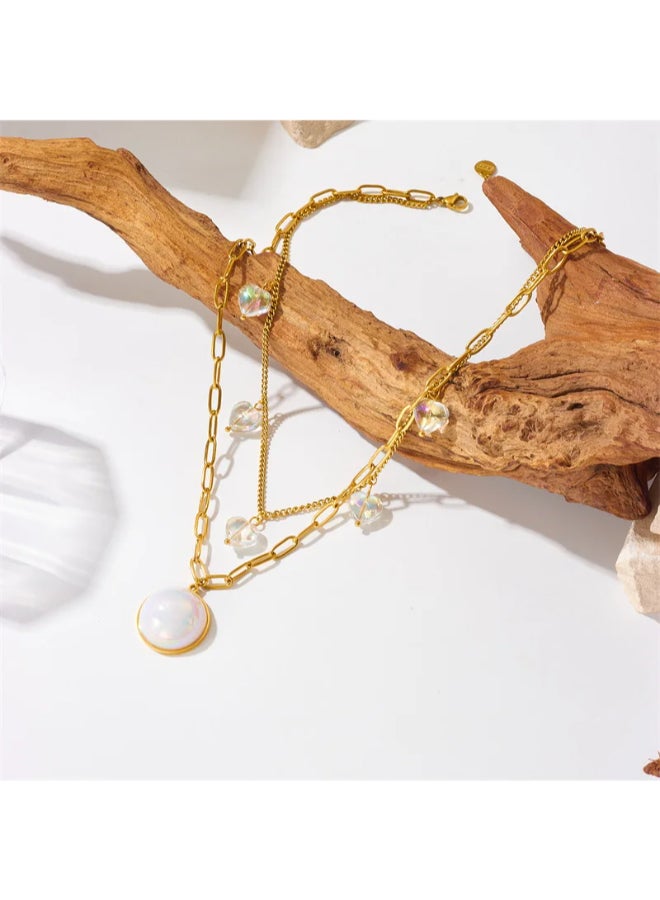 The Black Pearl Accessories 2 Layered Golden Stainless Steel Glowy White Clamshell Penant Necklace - Image 5