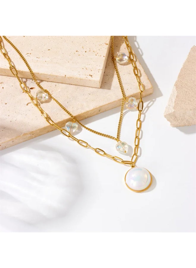 The Black Pearl Accessories 2 Layered Golden Stainless Steel Glowy White Clamshell Penant Necklace - Image 4