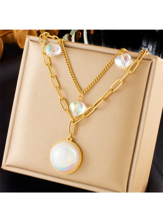The Black Pearl Accessories 2 Layered Golden Stainless Steel Glowy White Clamshell Penant Necklace - Image 3