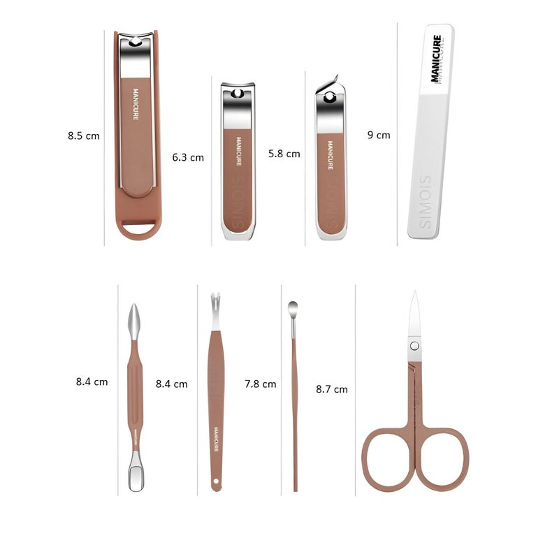 Simois 8 in 1 Nail Clipper Set – Professional Manicure & Pedicure Kit for Men & Women Portable Nail Clippers Set Stainless Steel Fingernail Clippers Personal Grooming Kits (Pack of 1, Brown) - Image 3