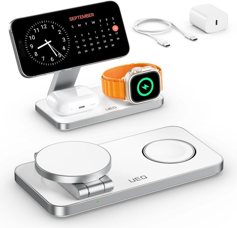 UEQ Foldable 3 in 1 Wireless Charging Station for Apple Compatible with Magsafe Charger Stand,Magnetic Wireless Charger Station for iPhone 17 Air 16 15 14 13 12 Series,Airpods Pro,Apple Watch (White) - Image 1