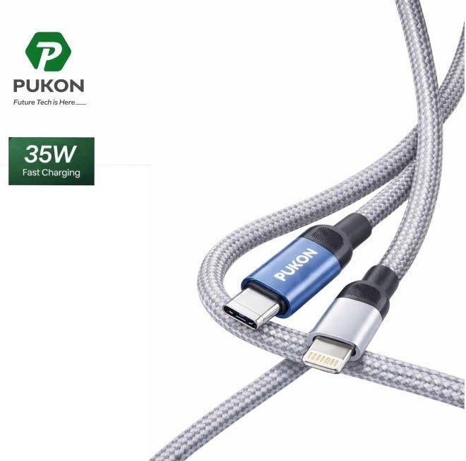 PUKON Type-C to Lightning Cable 35W Fast Charging 1M Braided iPhone Charger Cable PD Fast Charge & Data Sync for iPhone 14 13 12 11 Pro Max iPad – Durable Nylon Grey 1year Warranty - Image 1