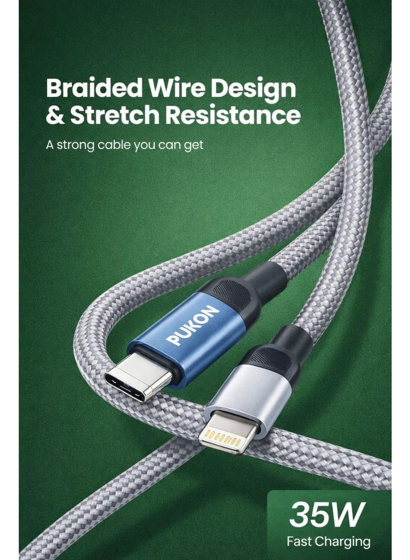 PUKON Type-C to Lightning Cable 35W Fast Charging 1M Braided iPhone Charger Cable PD Fast Charge & Data Sync for iPhone 14 13 12 11 Pro Max iPad – Durable Nylon Grey 1year Warranty - Image 4