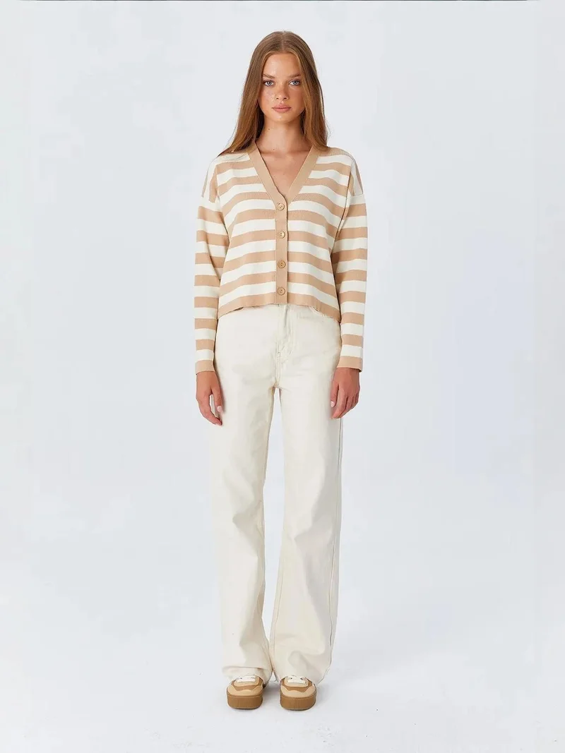 Mixray Tan Natural Mixray Striped V-Neck Buttoned Cardigan for Women | Best Price UAE