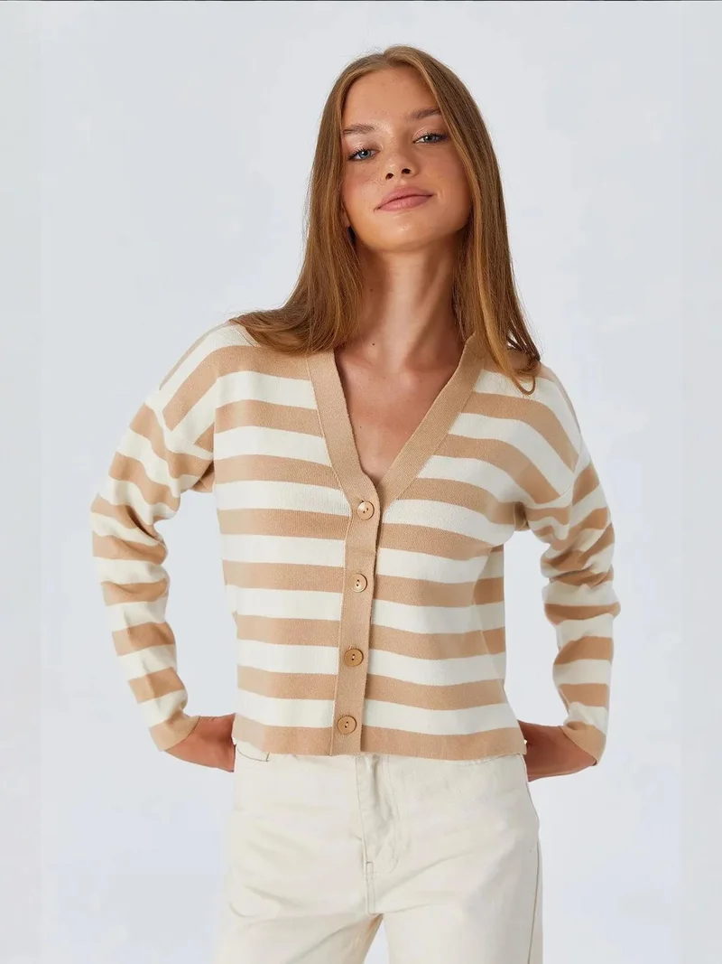 Mixray Tan Natural Mixray Striped V-Neck Buttoned Cardigan for Women | Best Price UAE