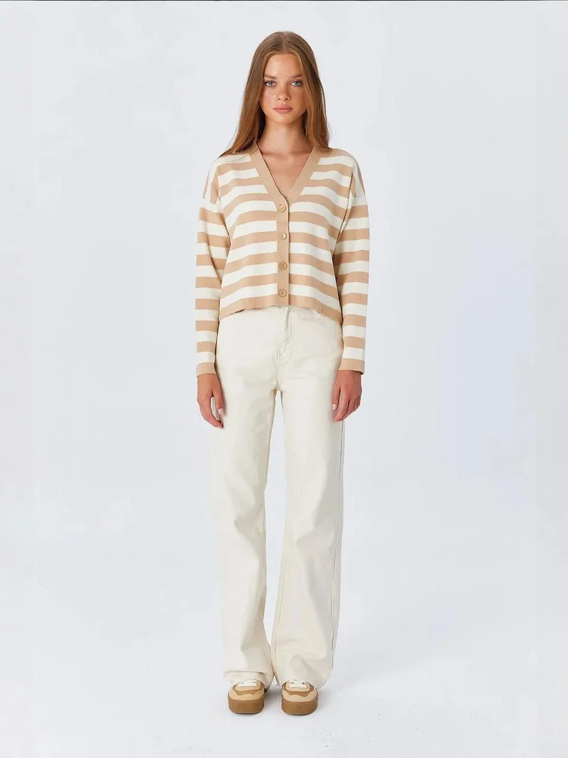 Mixray Tan Natural Mixray Striped V-Neck Buttoned Cardigan for Women | Best Price UAE
