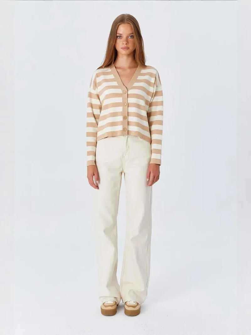 Mixray Tan Natural Mixray Striped V-Neck Buttoned Cardigan for Women | Best Price UAE