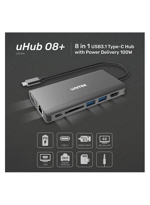 USB-C Dual Display Hub 8-IN-1 with USB 5Gbps and PD 100W Charging