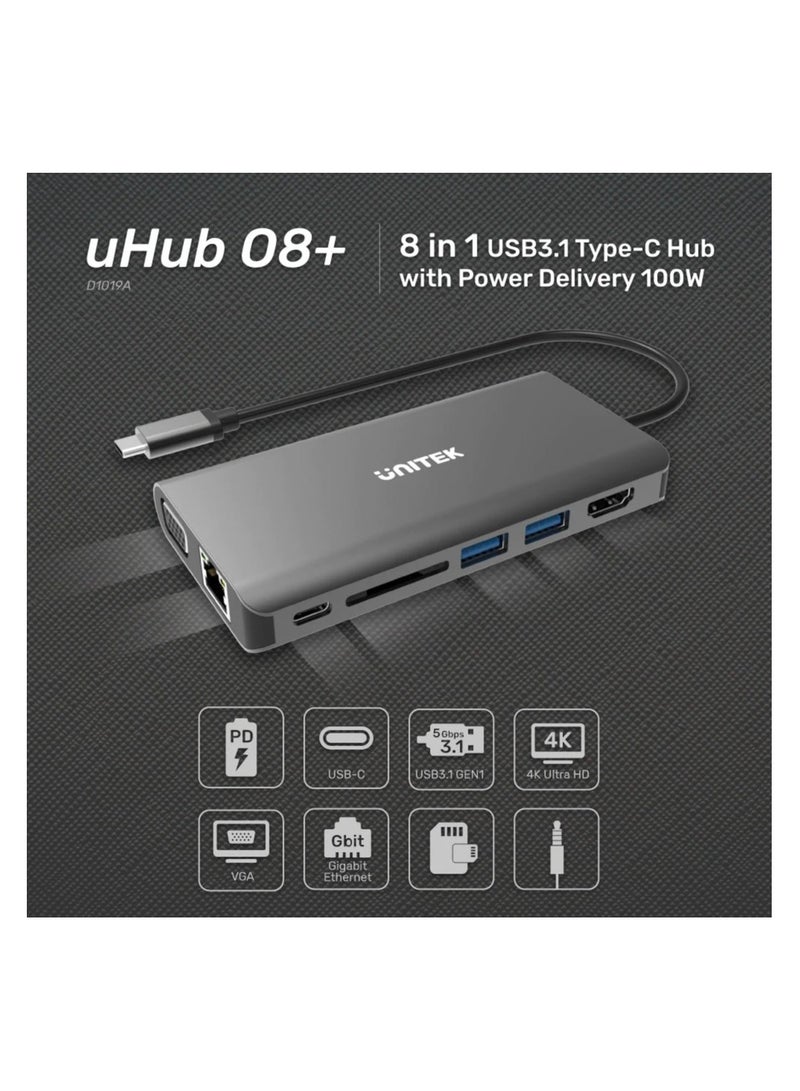 USB-C Dual Display Hub 8-IN-1 with USB 5Gbps and PD 100W Charging
