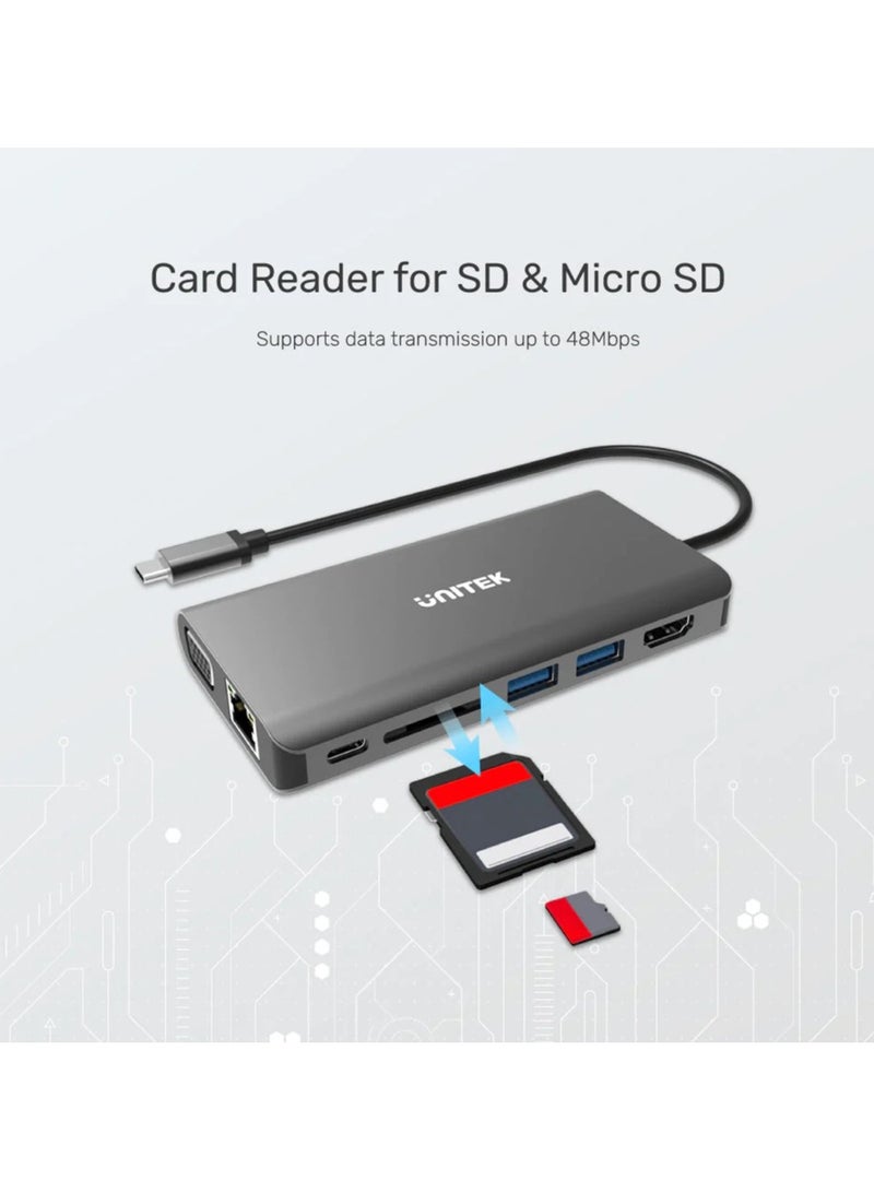 USB-C Dual Display Hub 8-IN-1 with USB 5Gbps and PD 100W Charging