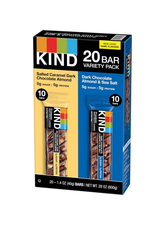 KIND Nut Bars, Variety Pack, Salted Caramel Dark Chocolate Almond, Dark Chocolate Almond & Sea Salt, Healthy Snacks, Good Source of Fiber, Gluten Free, Low Sugar, 5g Protein, 20 Count - Image 3