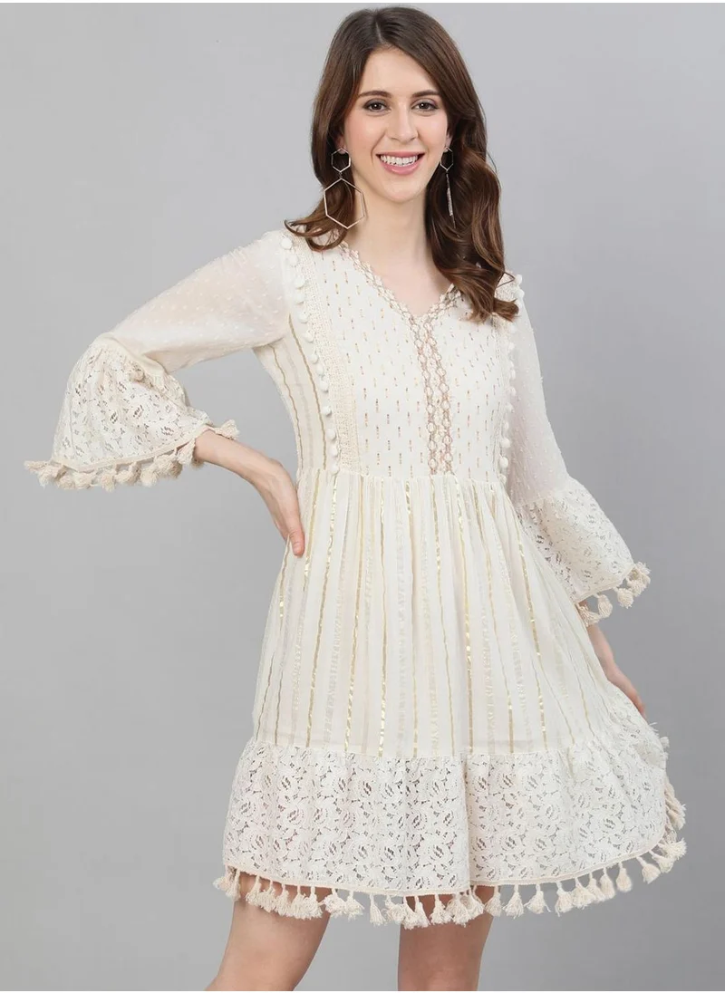 ISHIN Off White Dresses Fit and Flare Fit 3/4 Sleeve Sleeve made from Cotton featuring Self Design design and Round Neck neckline - Perfect for Ethinic!