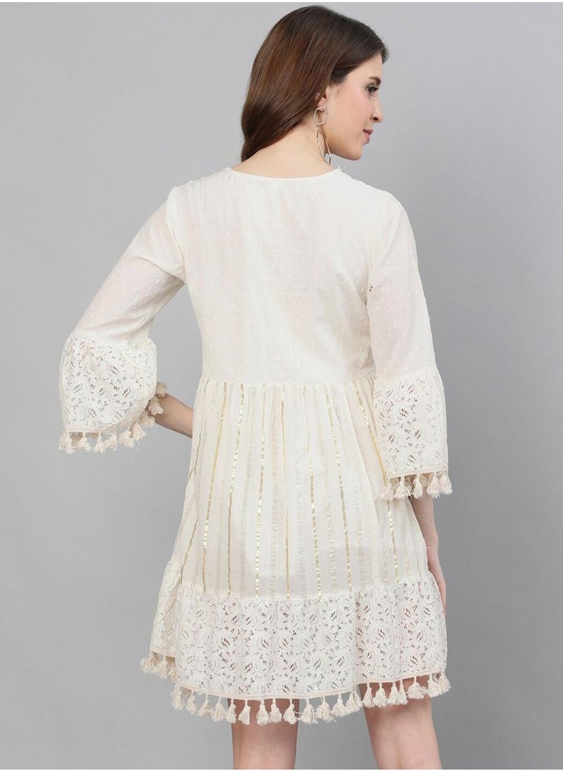 ISHIN Women's Off White 100% Cotton Self Design Knee Length A-Line Dress  - Image 5