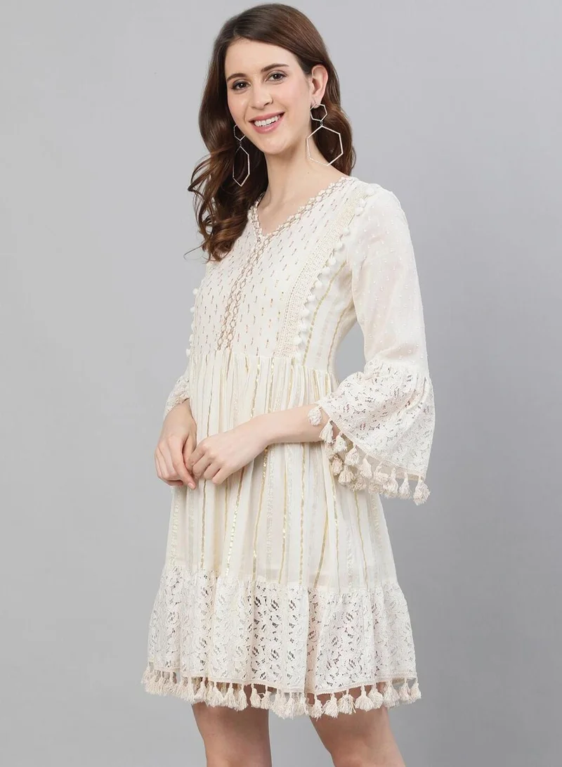 ISHIN Women's Off White 100% Cotton Self Design Knee Length A-Line Dress
