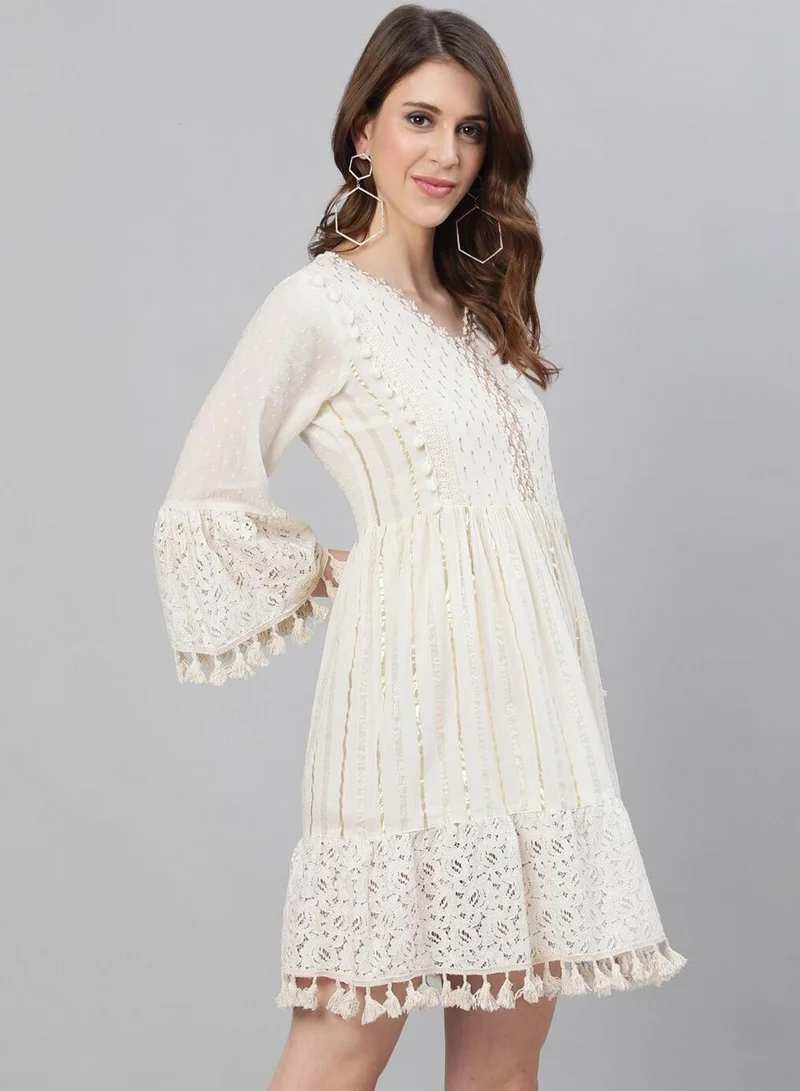 ISHIN Women's Off White 100% Cotton Self Design Knee Length A-Line Dress