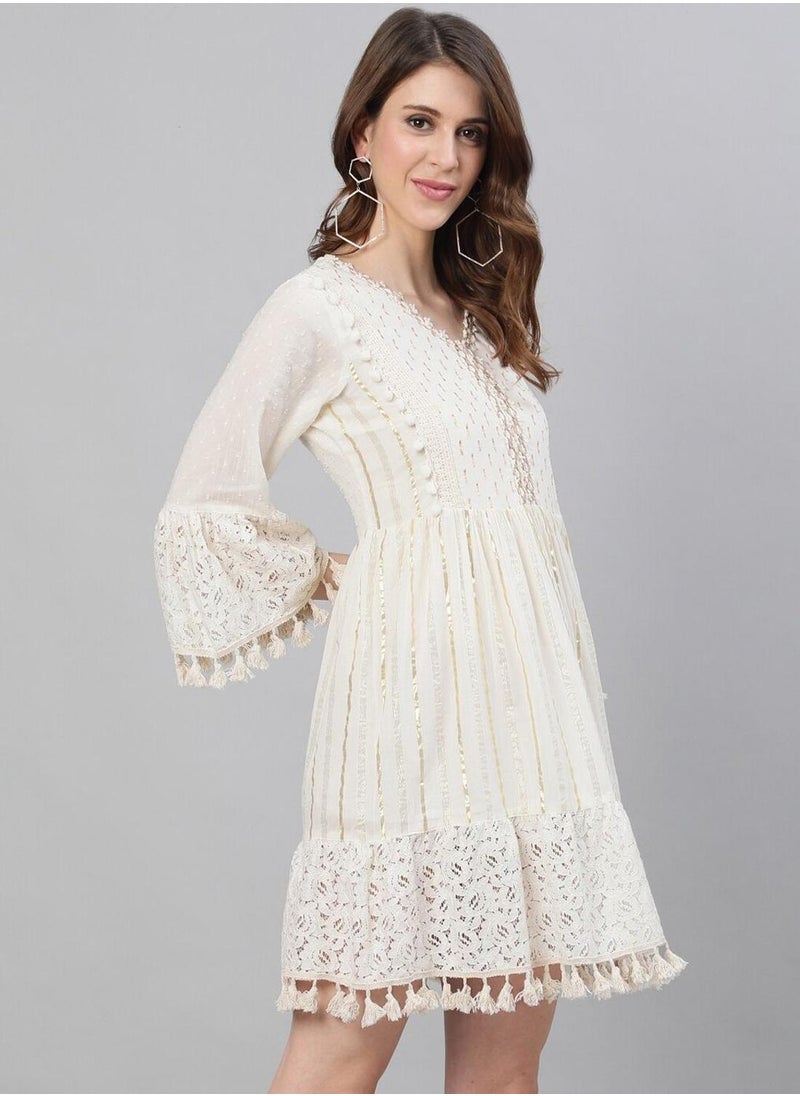 ISHIN Women's Off White 100% Cotton Self Design Knee Length A-Line Dress  - Image 3