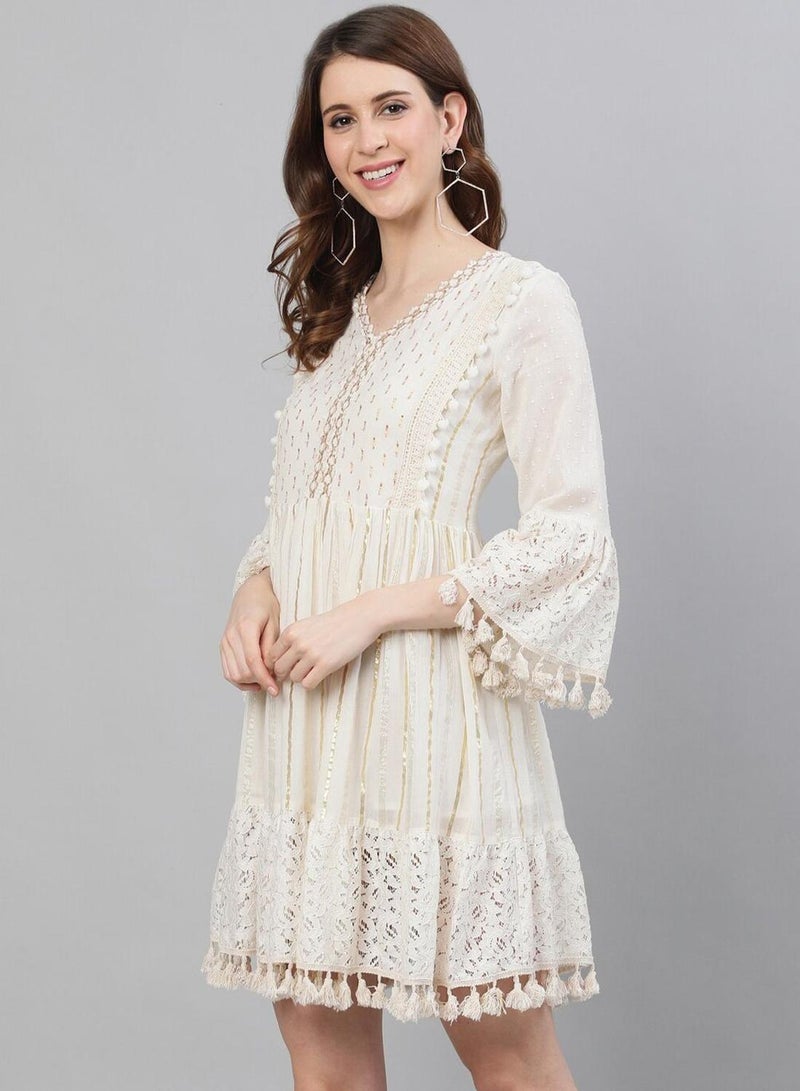 Women's Off White 100% Cotton Self Design Knee Length A-Line Dress