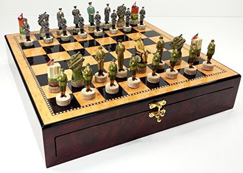 HPL WW2 US Vs Germany Chess Set W 17 14 Dark Walnut Birdseye Maple Color Gloss Storage Board World War 2 - Image 1