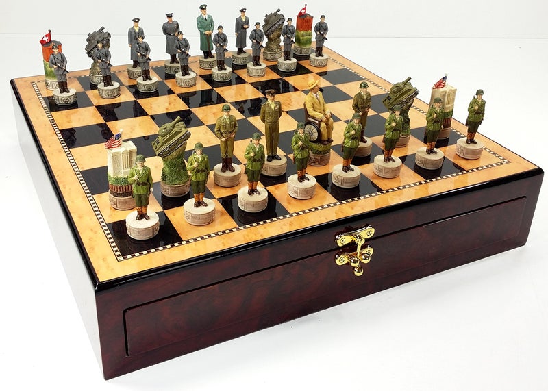 HPL WW2 US Vs Germany Chess Set W 17 14 Dark Walnut Birdseye Maple Color Gloss Storage Board World War 2 - Image 3