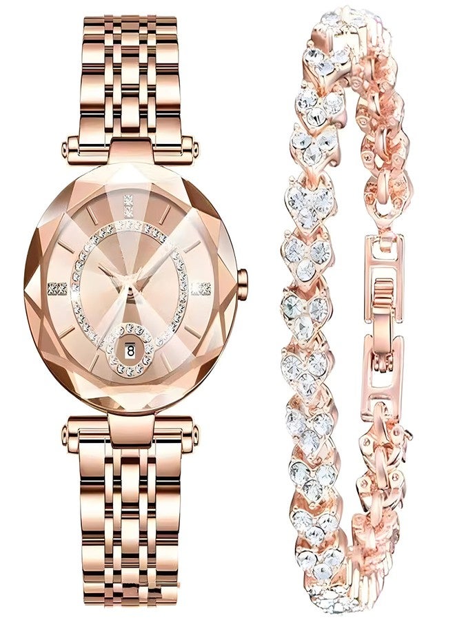 Reginald Women Watches with Bracelet Rose Gold for Lady Elegant Stainless Steel Strap Fashion Analog Creative Dial Wrist Watch (Rose Gold) - Image 1