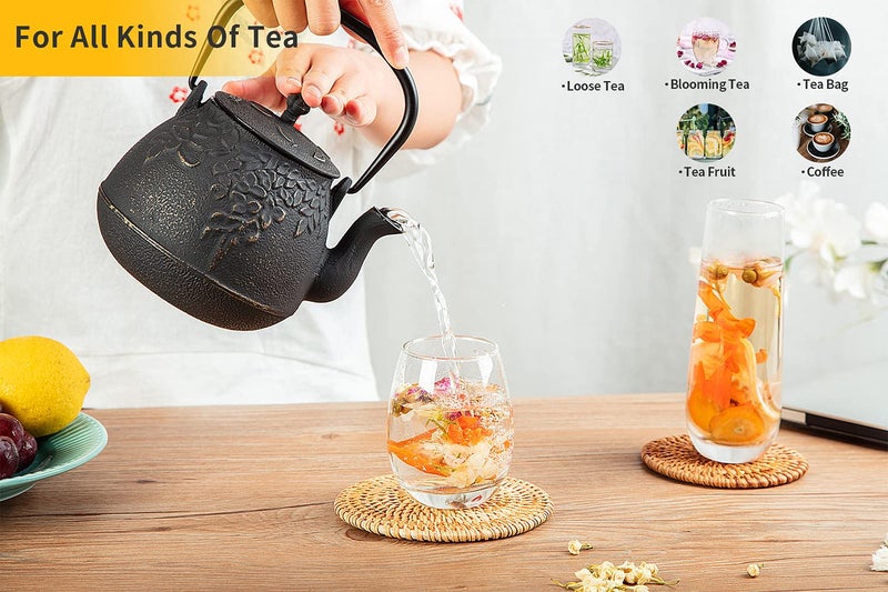 TOPTIER Japanese Cast Iron Tea Kettle with Stainless Steel Infuser, Cast Iron Teapot Stovetop Safe, Leaf Design Teapot Coated with Enameled Interior, 32 Ounce (950 ml), Turquoise Blue - Image 5