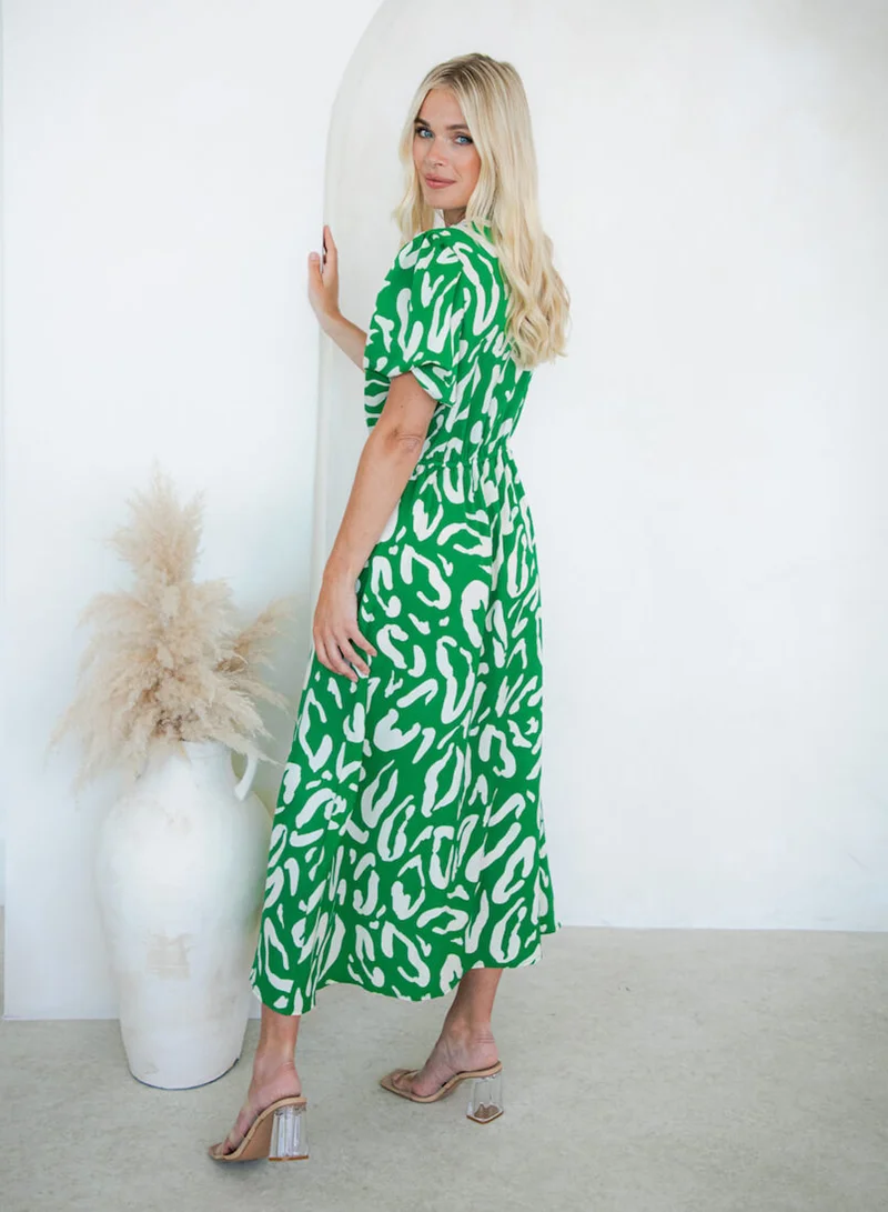 Needs No Label  Green Animal Tie Front Midi Dress for Women | Best Price UAE