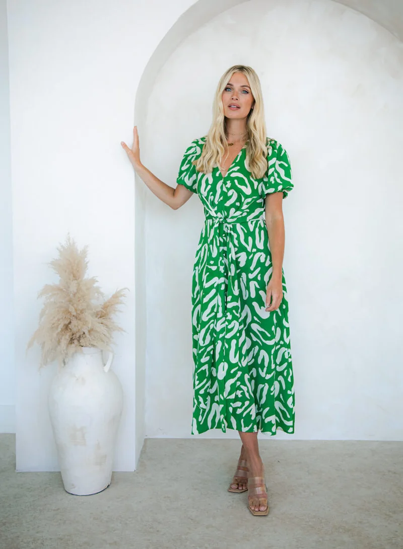 Needs No Label  Green Animal Tie Front Midi Dress for Women | Best Price UAE