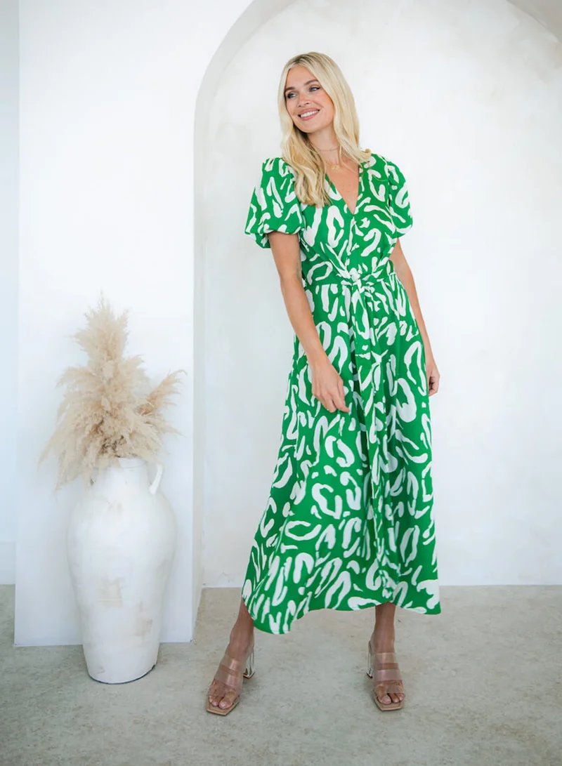 Green Animal Tie Front Midi Dress