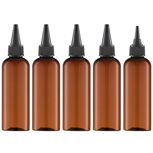 Tekson Hair Color Applicator Bottles, 5 Pack Refillable Squeeze Bottle, Empty Plastic Twist Top Cap Bottles (3.4 OZ, Amber) - Image 1