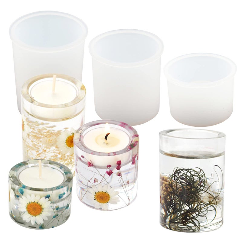 3PCS Tealight Holder Mold Votive Candle Holder Resin Mold Cylinder Silicone Mould DIY Epoxy Resin Craft Jewelry Trinket Holder Tray for Party Wedding Home Decor