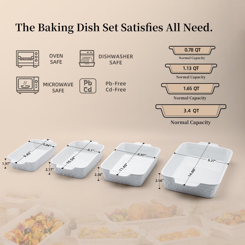 Dafuceramic Casserole Dishes for Oven, Baking Dishes, Ceramic Bakeware Sets of 4, Rectangular Baking Pan Set with Handles for Baking, Casserole, Kitchen, Wedding Gift,White - Image 2