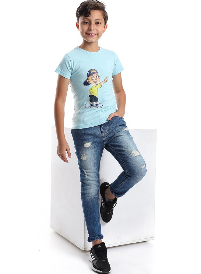 Andora Printed Pattern Short Sleeves Boys T-Shirt_Light Blue  - Image 1