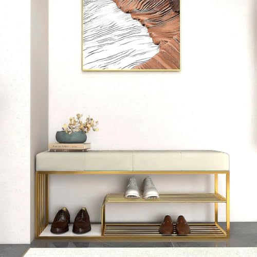 Skafa Metal End of Bed Bench-Upholstered Entry Shoe Storage with Nailhead Trim,Black Mental Frame Ottoman Bench for Bedroom Entry Window Mudroom Living Room (White) - Image 2