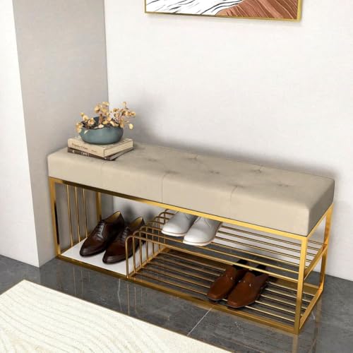 Skafa Metal End of Bed Bench-Upholstered Entry Shoe Storage with Nailhead Trim,Black Mental Frame Ottoman Bench for Bedroom Entry Window Mudroom Living Room (White) - Image 1